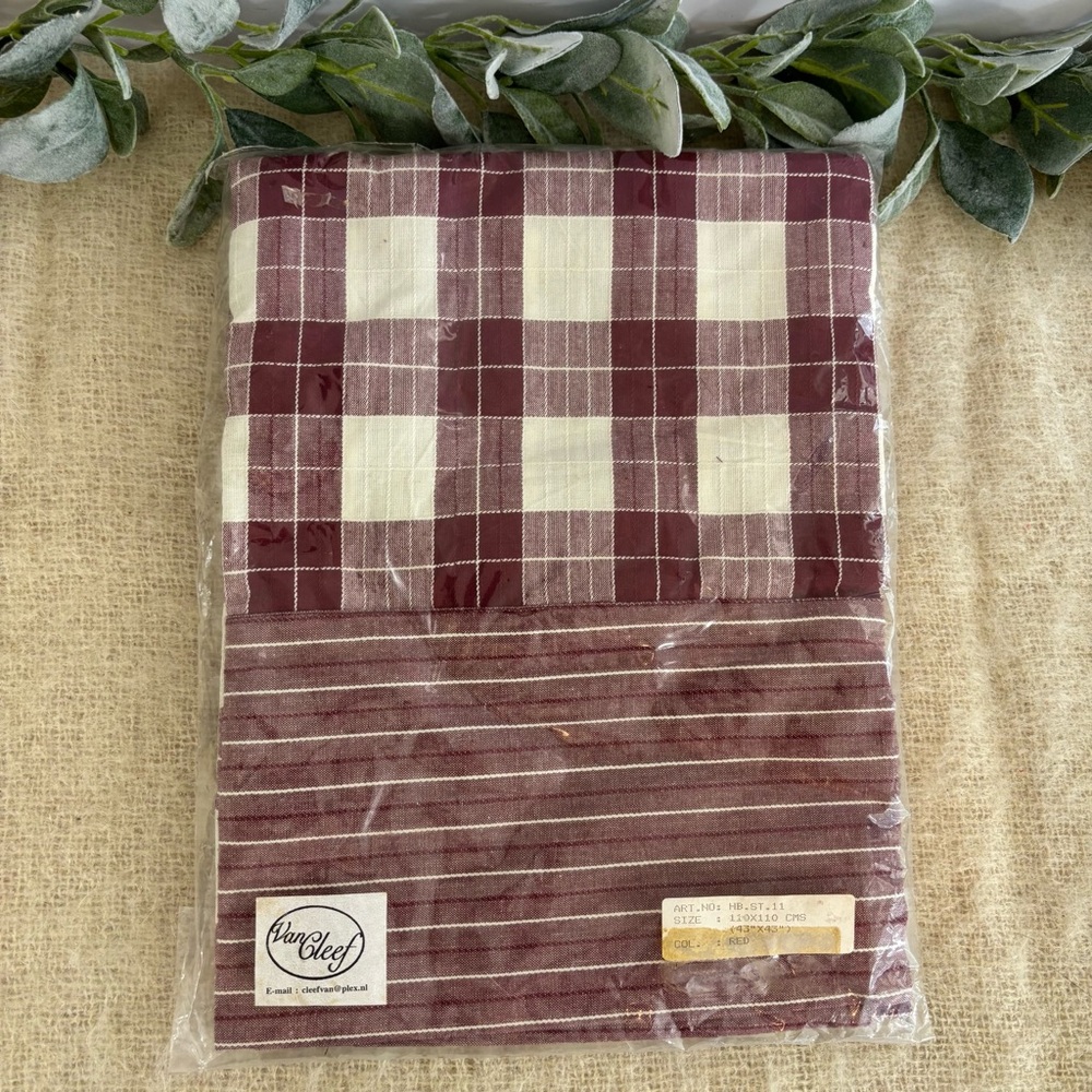 Vintage Van Cleef tablecloth maroon white plaid 43x43 new old stock
